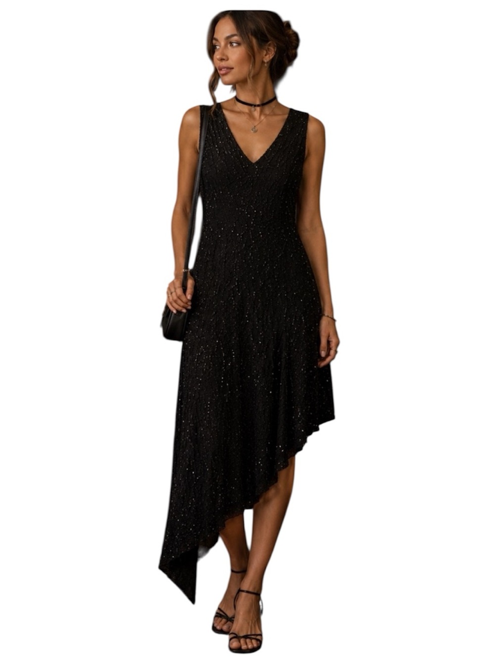 Vintage y2k black beaded Asymmetrical dress  siz M 90s goth witchy whimsigoth